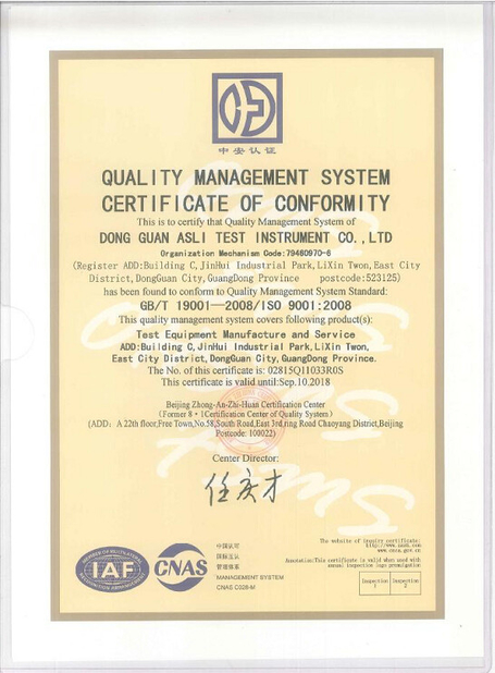 La CINA ASLi (China) Test Equipment Co., Ltd Certificazioni